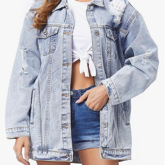 JudyBridal Oversized Women’s Denim Ripped Boyfriend Jean Jacket Long Sleeve Sz M - Picture 1 of 15